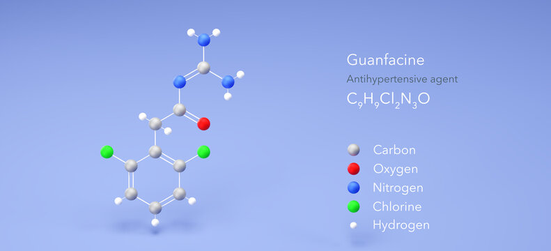 guanfacine molecule, molecular structure, antihypertensive agent 3d model, Structural Chemical Formula and Atoms with Color Coding