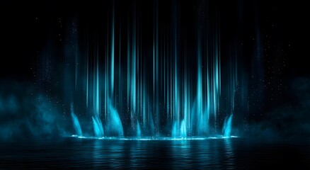 Mesmerizing blue waterfall light display with mist and reflections at night