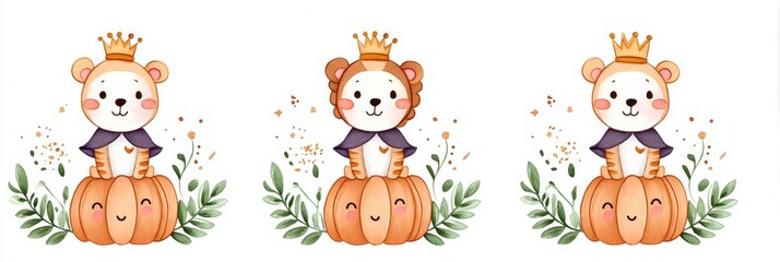 Fototapeta premium Adorable Lion Cub King on Pumpkin Throne - Three adorable lion cubs, wearing tiny crowns and capes, sit on smiling pumpkins. Symbolizing: , autumn, cuteness, harvest, joy