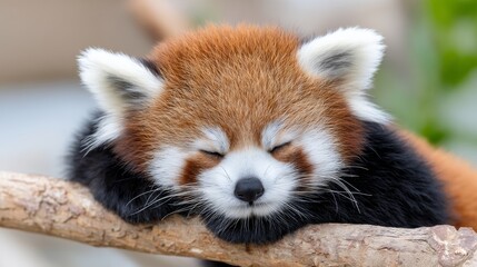 Fototapeta premium Adorable Red Panda Sleeping on Branch - Peaceful red panda napping on a tree branch, symbolizing tranquility, wildlife conservation, natural beauty, the magic of nature, and adorable animals