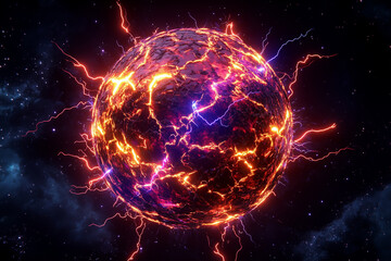 Obraz premium Fiery planet with cracks and lightning strikes in deep space with vibrant colors and cosmic energy