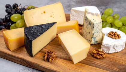 Elegant Cheese and Grape Display on a Rustic Wooden Board