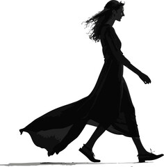 Elegant Woman Walking in Flowing Dress Silhouette - Fashion Vector Art