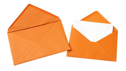 Orange envelopes with blank white paper note on transparent background