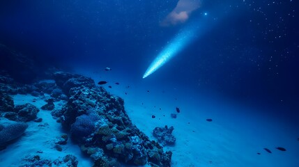 A comet seen from underwater with bioluminescent sea creatures