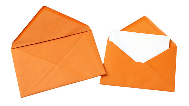 Orange envelopes with blank white paper note on transparent background