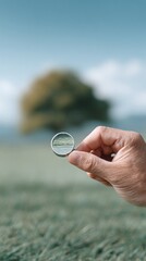 A hand delicately holds a small, circular mirror reflecting a serene landscape.  The blurred background of a tree and sky creates a sense of depth and tranquility.