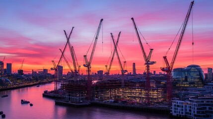 Fototapeta premium Vibrant sunrise over urban construction site