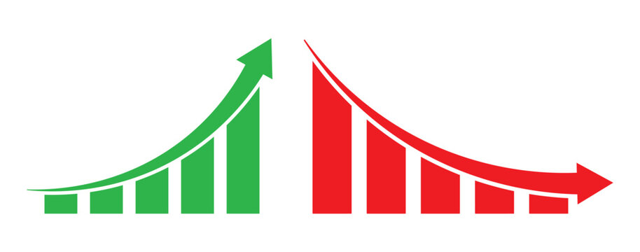 Up and down graph chart vector icon set. growth increase and decrease sign. economy rise and decline symbol. Increase decrease icon set. Green up and red down  arrow graph icon vector set.  