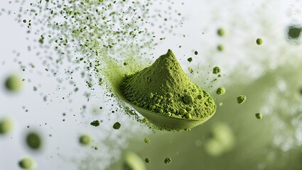 Matcha Powder Exploding from Spoon, Green Tea, Healthy Drink
