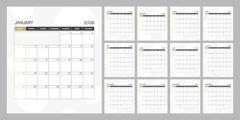Monthly calendar square planner schedule for 2026 year. Week Starts on Sunday
