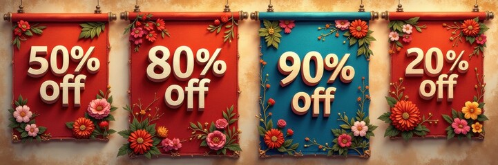 Vibrant discount banners featuring various percentage savings with floral designs, perfect for promotional materials, sales campaigns, or marketing strategies.