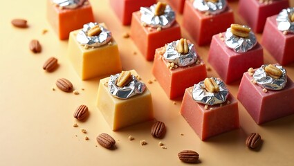 Vibrant confections with nuts on a pastel background