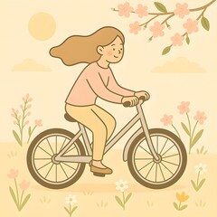 Active young woman cycling on a bike, a fun summer sport illustration