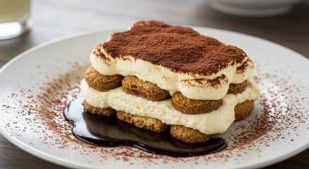 Photo Tiramisu Dessert On Plate With Cocoa Dust Chocolate Sauce Close Up