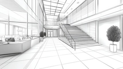 Modern Building Architectural Sketch: Staircase Design - Modern building blueprint, showcasing sleek staircase, glass walls, reception area, and potted plant. Symbolizes progress, design