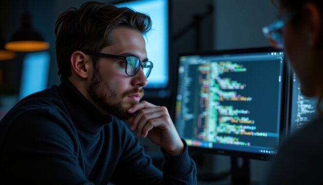 Coding session focused developer analyzing code office environment digital workspace nighttime view