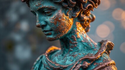 Close-up of Weathered Bronze Statue, Antique Sculpture, Aged Patina