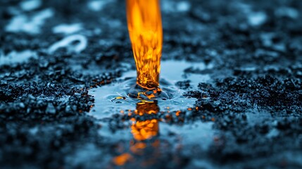 A stream of orange liquid pours onto a dark, textured surface, creating ripples and striking reflections.
