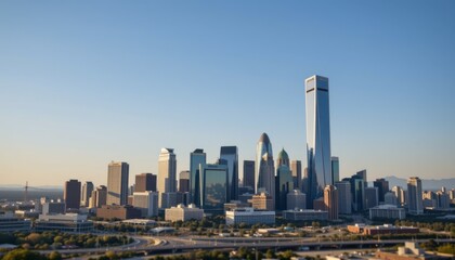 Obraz premium City skyline at sunset dallas aerial view urban landscape clear sky modern architecture for seo impact