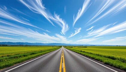 Fototapeta premium Breathtaking scenic drive through lush green fields under dramatic cloudy sky nature landscape photography wide angle