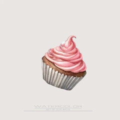 A watercolor cupcake with soft pink cream in a swirl. Gentle, sweet, and perfect for children’s projects or cozy dessert scenes