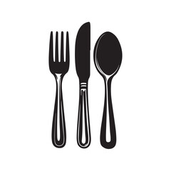 Vector silhouette illustration of cutlery set including spoon, fork, and knife. Clean and simple design ideal for use in restaurant menus isolated on white background.