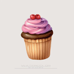 A watercolor cupcake with soft pink cream and two red cherries on top. Sweet, gentle, and perfect for playful designs or bakery-themed illustrations.