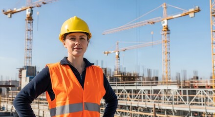 A confident young female engineer in a hard hat and reflective safety vest smiles proudly at a bustling construction site.