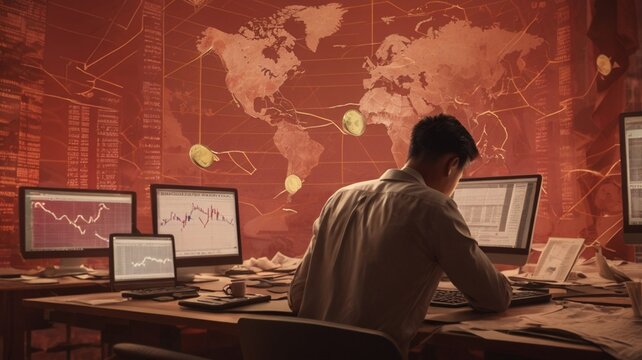 China Stock Market Analysis with Financial Data and Trader at Desk