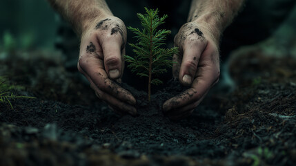 Person carefully planting a young tree seedling in fertile soil, demonstrating environmental stewardship and the nurturing of new life