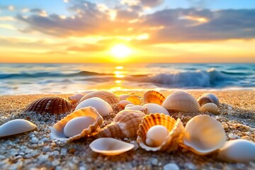 Close-Up of Sandy Beach with Seashells at Sunset Glow