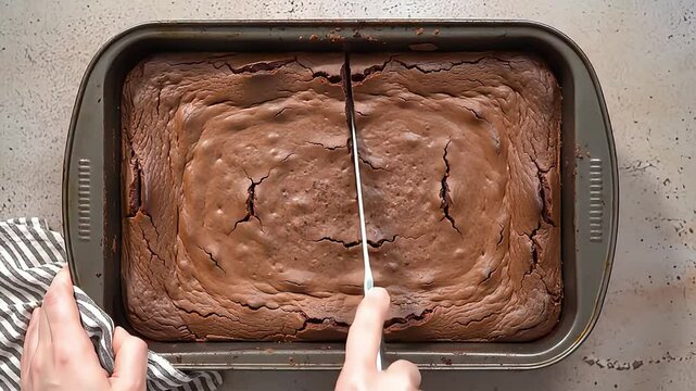 Freshly baked chocolate brownies being sliced in a kitchen setting with a striped towel nearby