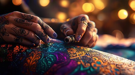 Close-up view of intricate henna designs being applied.