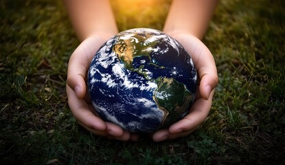 Child's hands gently hold the Earth, symbolizing care and protection.  The globe rests in the palm of two small hands,  embracing the world. Lush green grass surrounds the scene