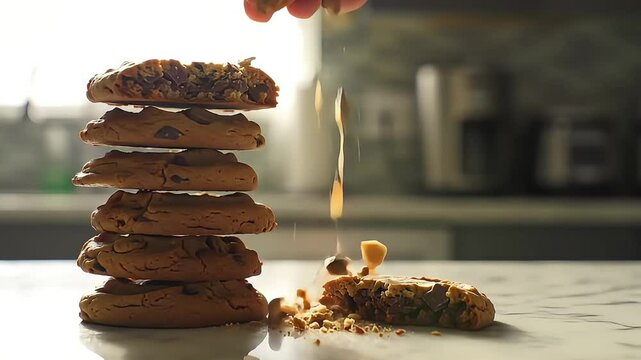 A hand reaching for a cookie from a stack of freshly baked cookies in a cozy kitchen setting