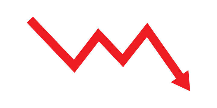Red arrow going down stock icon on white background. Symbol of down arrow graph icon. financial market crash icon. Red Down Arrow Stock Market Crash Decline Fall icon vector. 