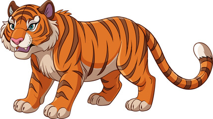 20.05.25 tgr 1.epsThe appeal of this illustration. A majestic cartoon tiger stands tall in this image, featuring a striking combination of orange and black, complemented by a pair of eye-catching gree