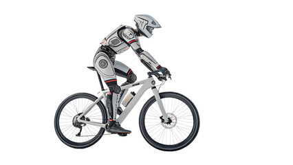 Fototapeta premium Robot travel on bike isolated on transparent background