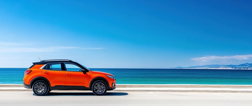 bright orange, small SUV is parked on the side of an empty road, with a blue sea and sky in the background, bright summer colors, banner with copy space