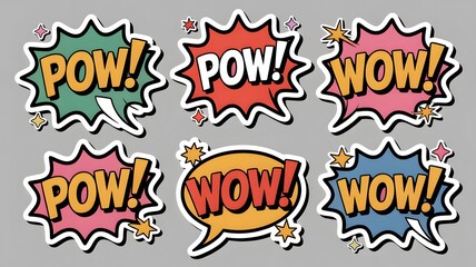 Colorful cartoon comic speech bubbles with playful interjection words POW and WOW surrounded by star shapes on a light gray background for a fun graphic effect.