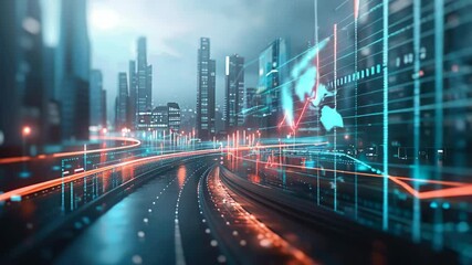 Urban landscape filled with towering buildings and glowing data patterns during evening hours, creating a futuristic atmosphere - Powered by Adobe