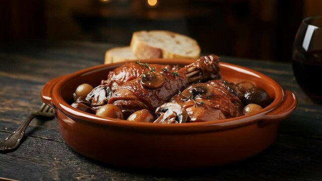 Steaming Coq au Vin in casserole dish. Still life on dark wooden table with bread and wine glass