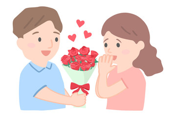 赤いバラを持ってプロポーズをする男性