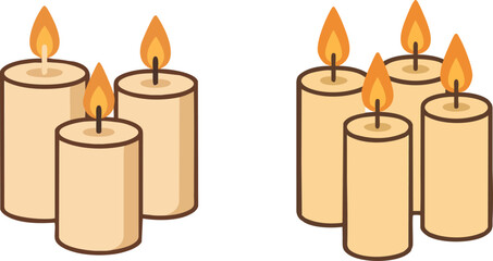 Flat Vector Illustration of Two Groups of Burning Candles with Orange Flames, Creating a Warm, Serene Atmosphere in a Minimalist Design