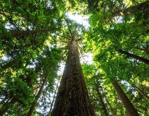 Fototapeta premium A view looking up at tall trees in a lush, green forest