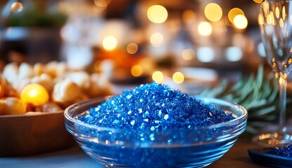 A glass bowl filled with sparkling blue crystals sits on a festive table, surrounded by blurred lights and elegant dinnerware.
