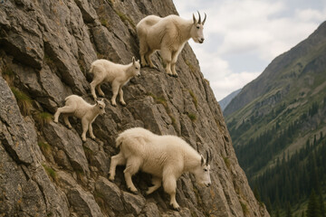 Fototapeta premium Mountain goats climbing steep rocky mountain slope in nature reserve