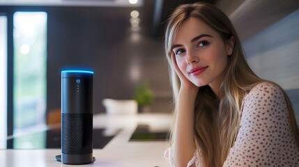 young woman using ai voice assistant in modern kitchen while cooking