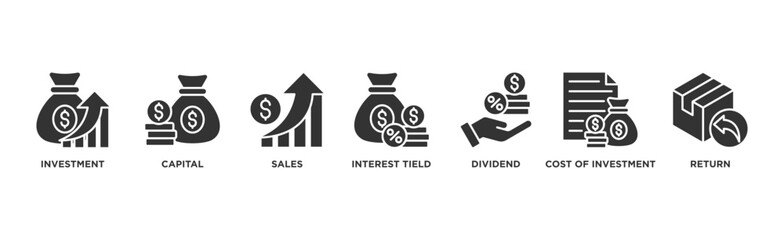 Roi banner web icon illustration concept for return on investment with icon of capital, sales, interest tield, dividend, cost of investment and return